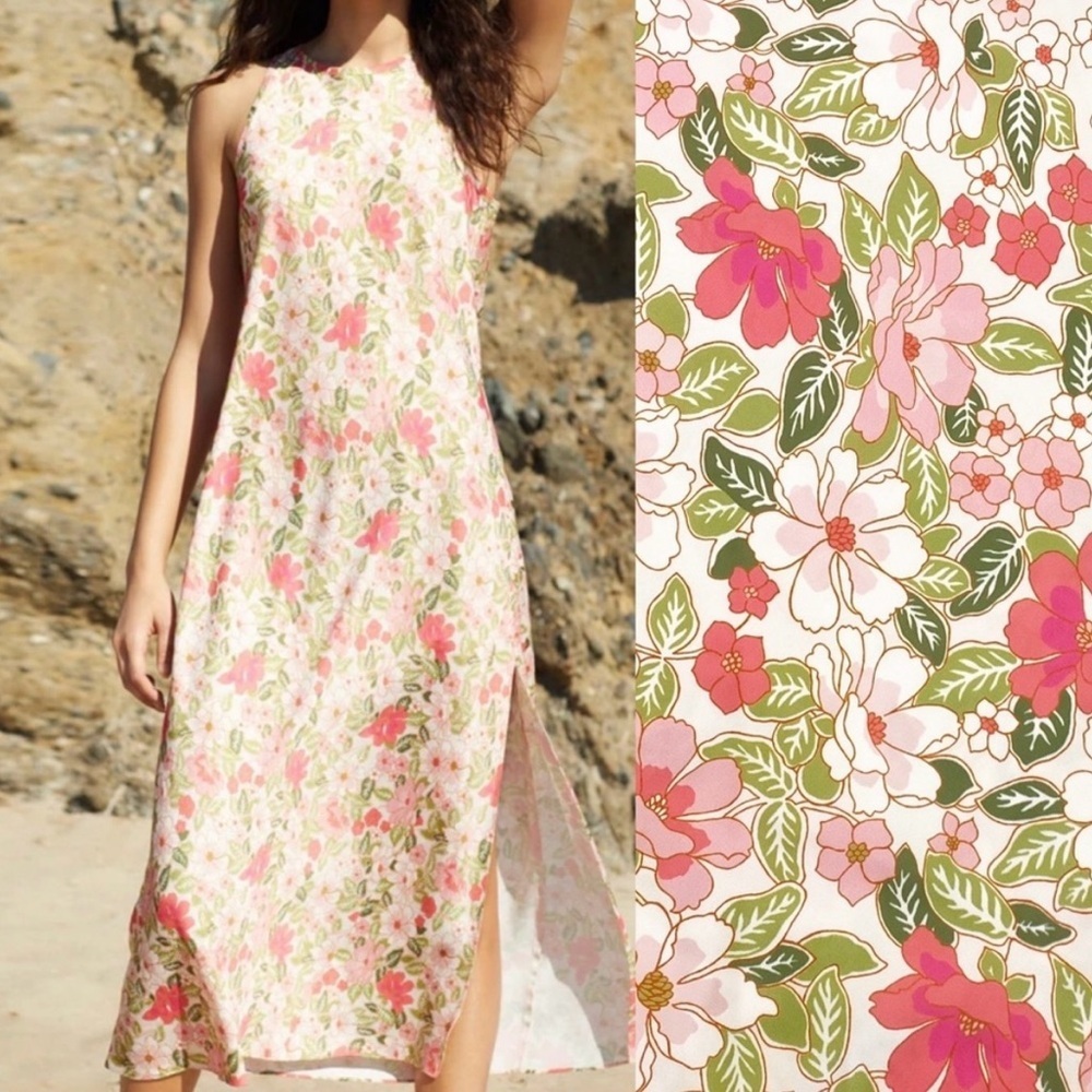 Outerknown Ellison Slip Dress Floral Pink Green Sleeveless Women’s Size Large